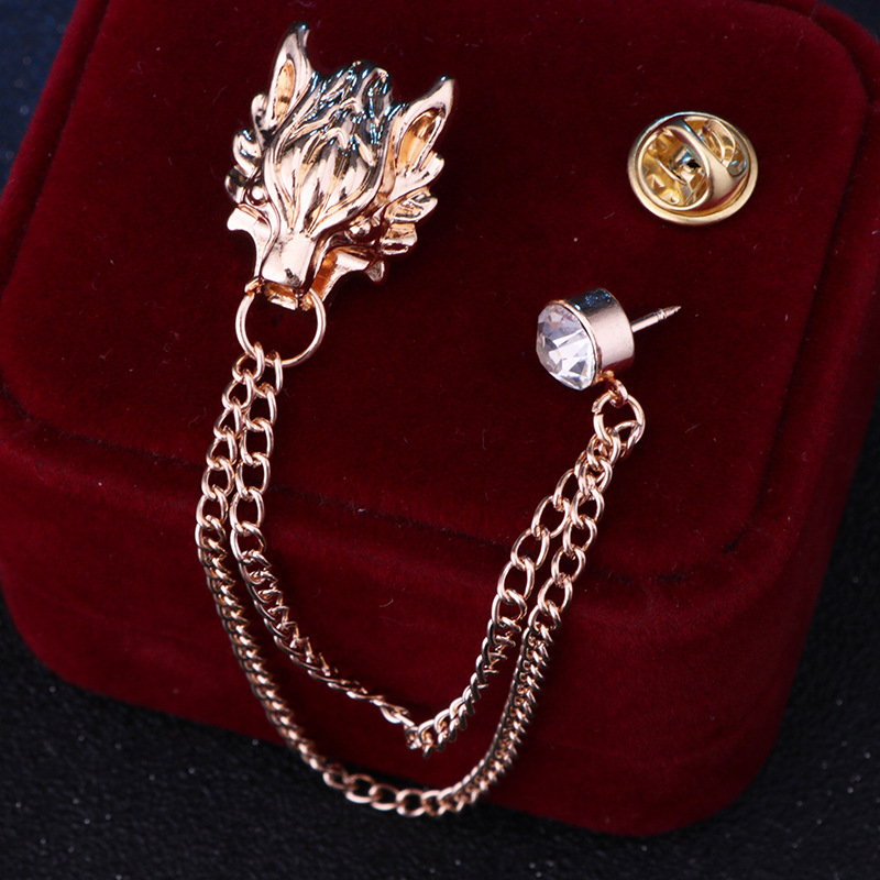 Vintage Wolf Head Animal Shape Corsage Suit Pin Brooch Chain display picture 5