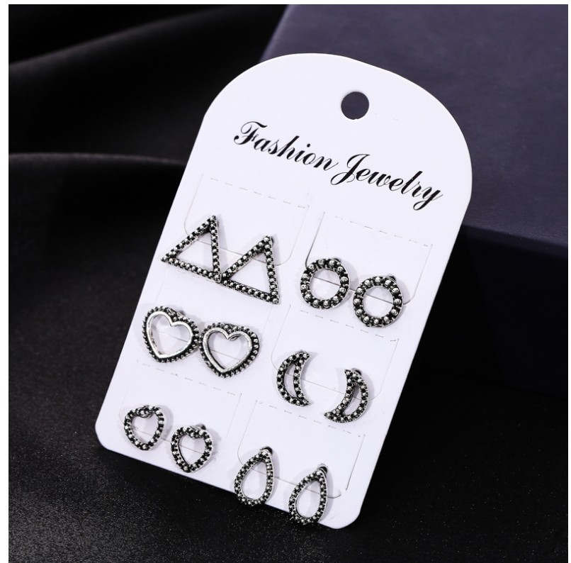 Retro Moon Heart Triangle Geometric Water Drop Ear Studs 6 Pairs display picture 2