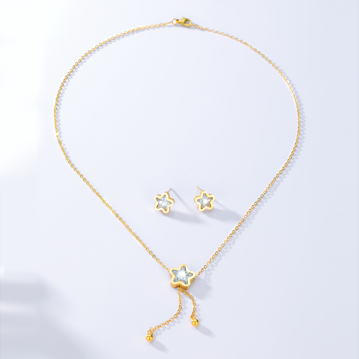 Fashion Simple Steel Electroplated 18k Gold Zircon Pentagram Ear Stud Necklace Set display picture 1