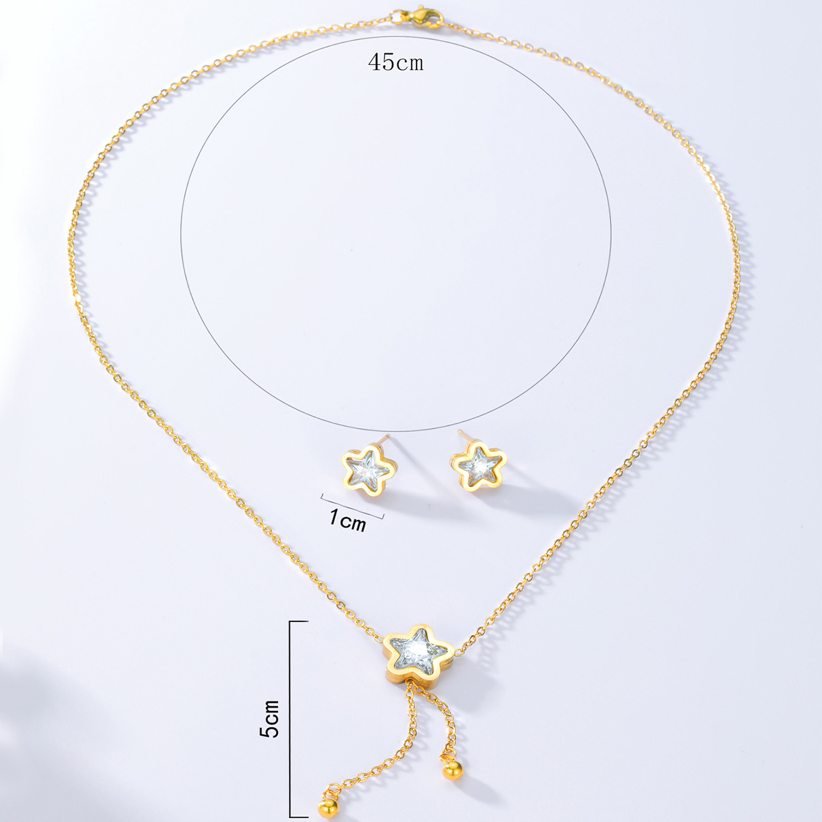 Fashion Simple Steel Electroplated 18k Gold Zircon Pentagram Ear Stud Necklace Set display picture 2
