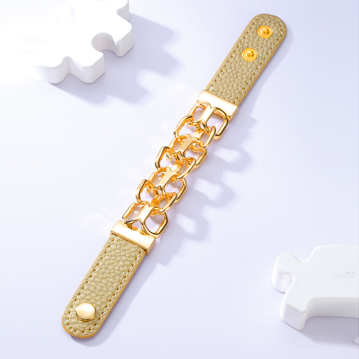 New Simple Fashion Steel Electroplating 18k Gold Wide Leather Adjustable Snap Button Bracelet display picture 2