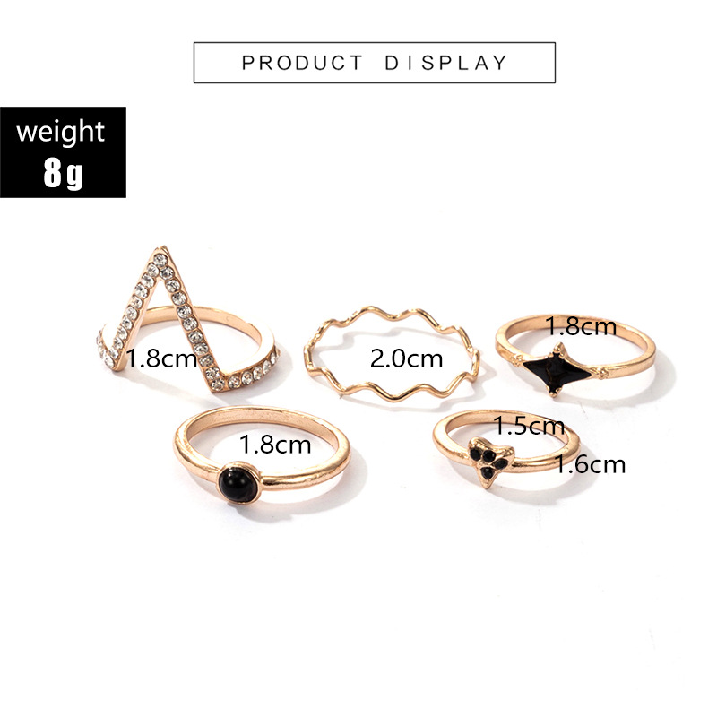 Fashion Retro Black Dripping Oil Wave V-shaped Ring 5-piece Set display picture 1