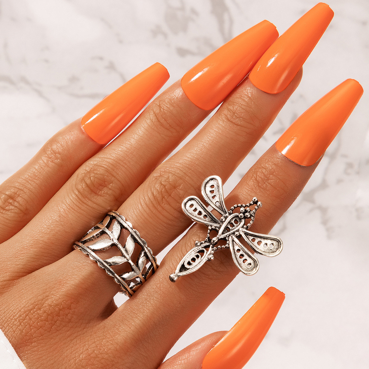 Creative Simple Hollow Leaf Dragonfly Ring 2-pieces Set display picture 3