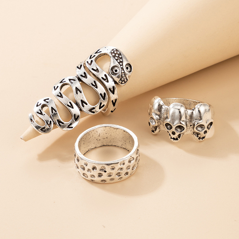 Geometric Irregular Alloy Snake-shaped Distressed Ring Three-piece Set display picture 3
