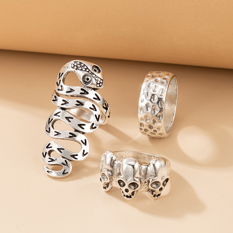 Geometric Irregular Alloy Snake-shaped Distressed Ring Three-piece Set display picture 4