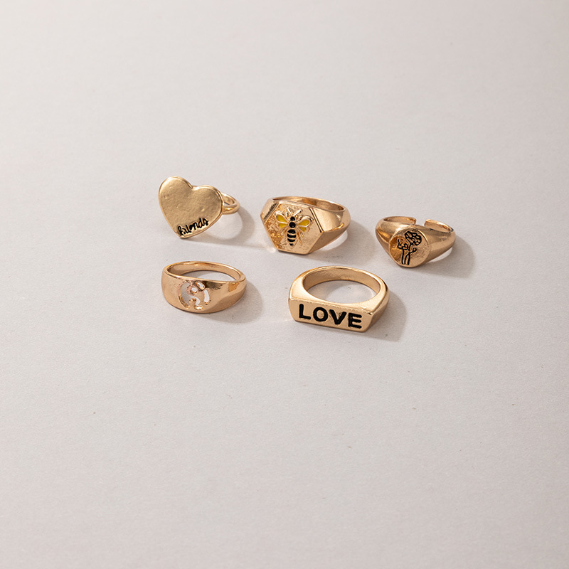 Fashion Letter Heart Bee Oil Dripping Ring 5-piece Set display picture 6