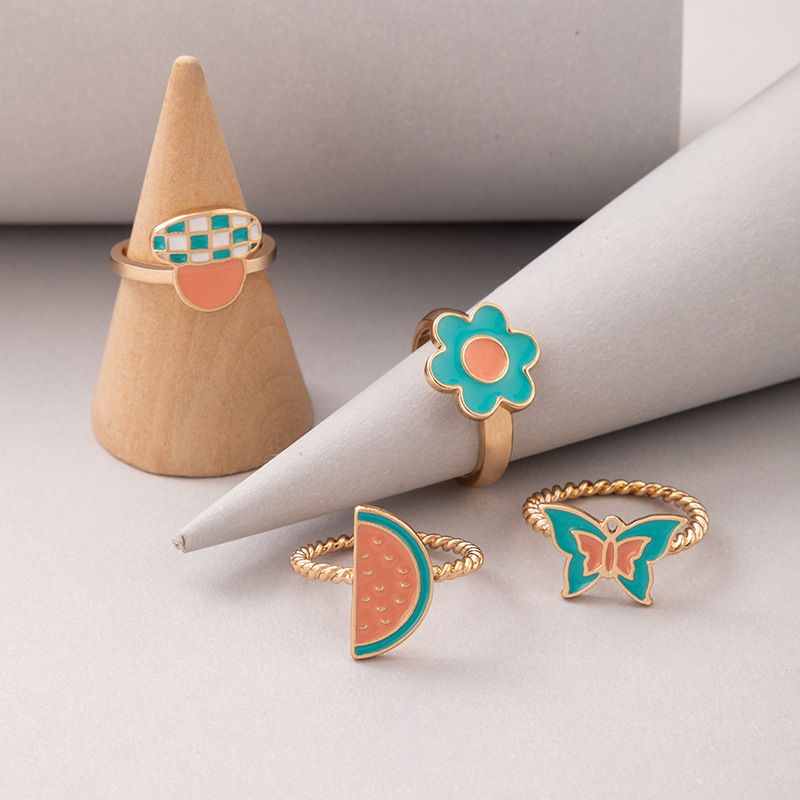 Colorful Oil Dripping Mushroom Watermelon Butterfly Ring Four-piece Set display picture 3