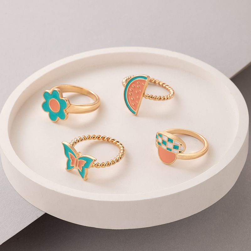 Colorful Oil Dripping Mushroom Watermelon Butterfly Ring Four-piece Set display picture 5