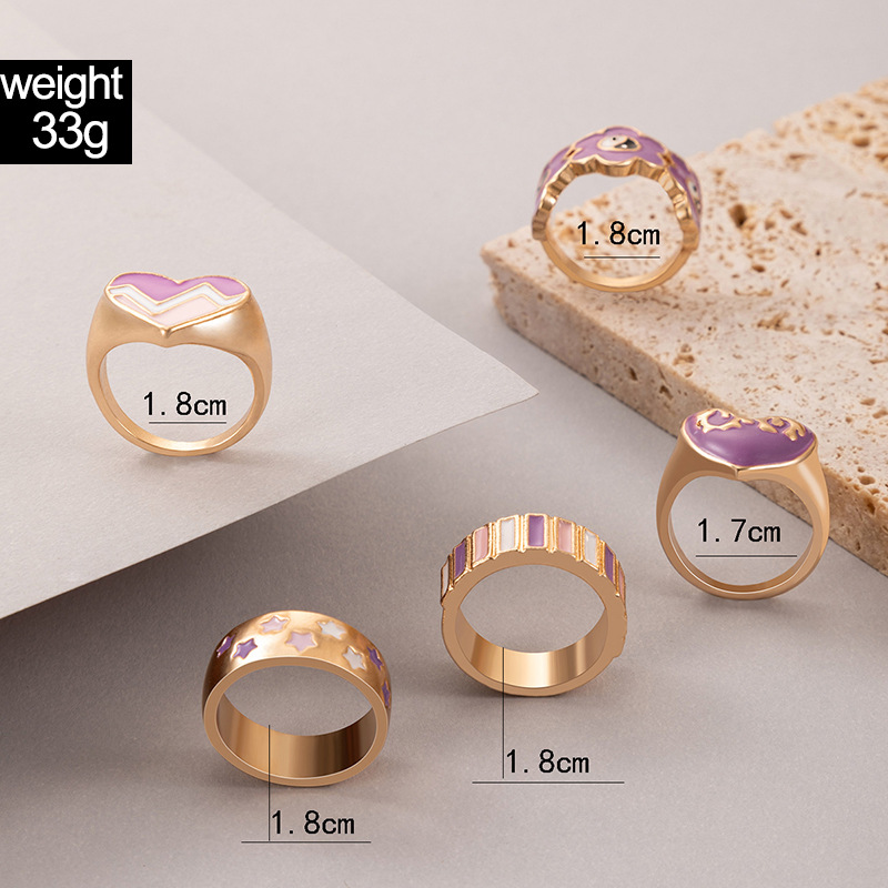 New Alloy Heart Drop Oil Geometric Irregular Ring Five-piece Set display picture 1