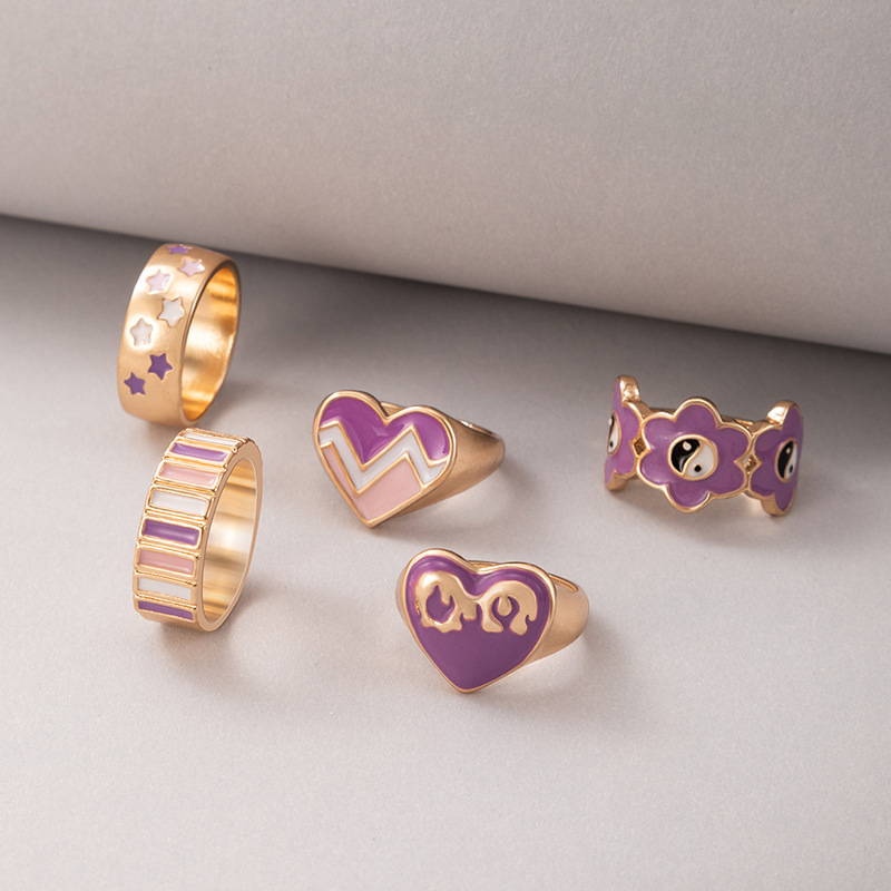 New Alloy Heart Drop Oil Geometric Irregular Ring Five-piece Set display picture 4
