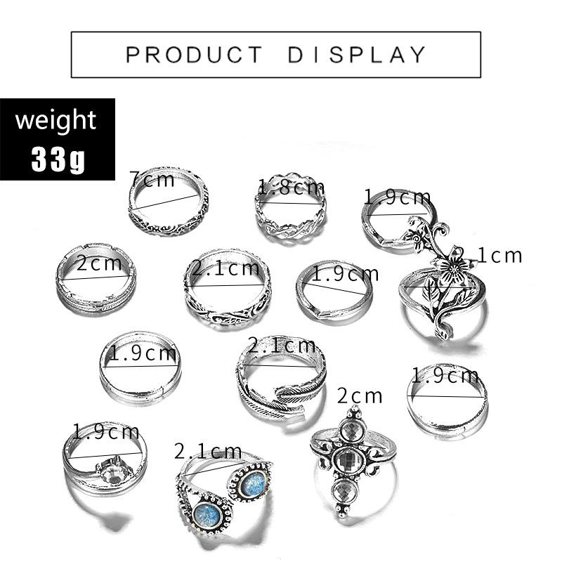 Retro Ethnic Style Wave Flower Leaf Crystal V-shaped Alloy Ring 13-piece Set display picture 1