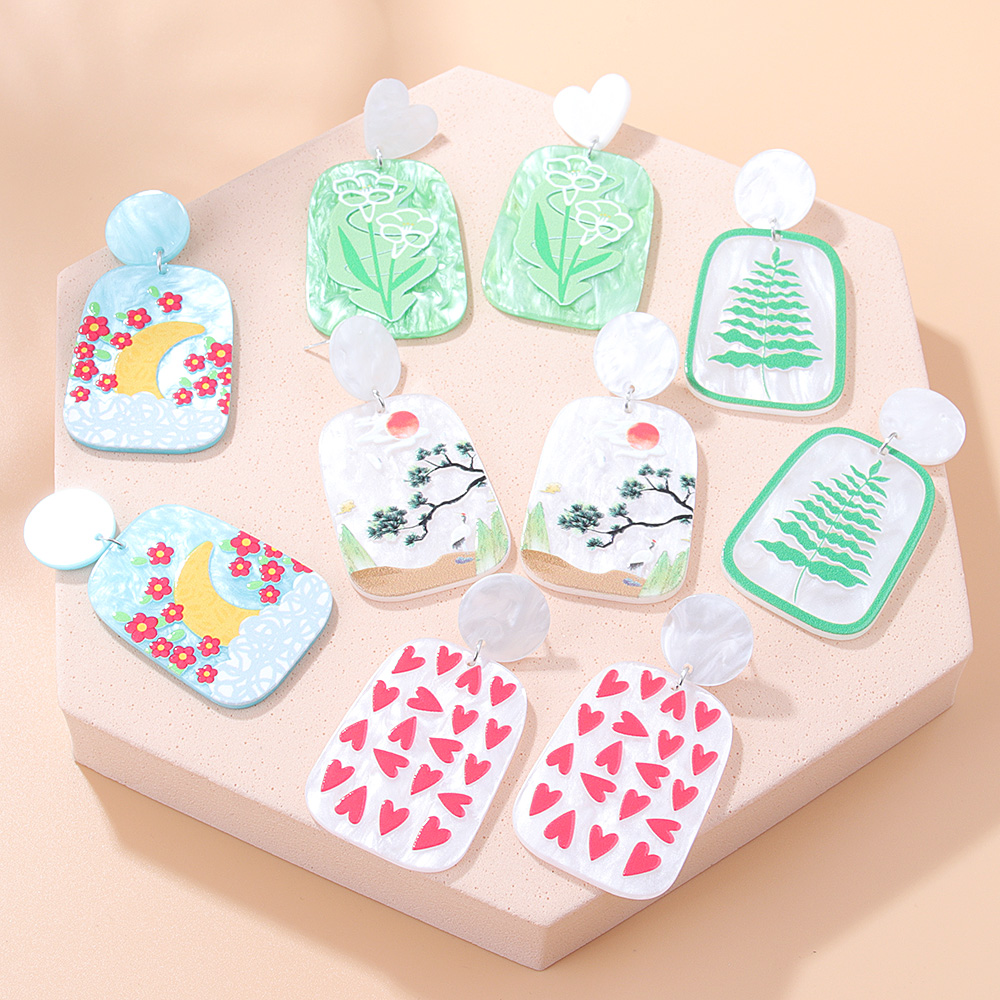 Fashion New Three-dimensional Printing Landscape Painting Heart Shaped Acrylic Earrings display picture 3