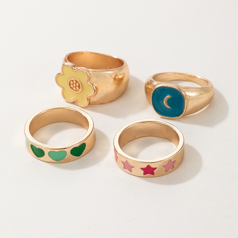 Retro Colorful Oil Dripping Heart Flower Star Moon Ring 4-piece Set display picture 3