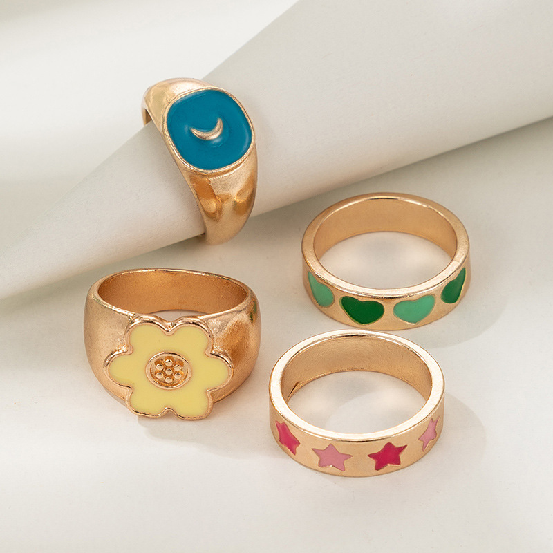 Retro Colorful Oil Dripping Heart Flower Star Moon Ring 4-piece Set display picture 5
