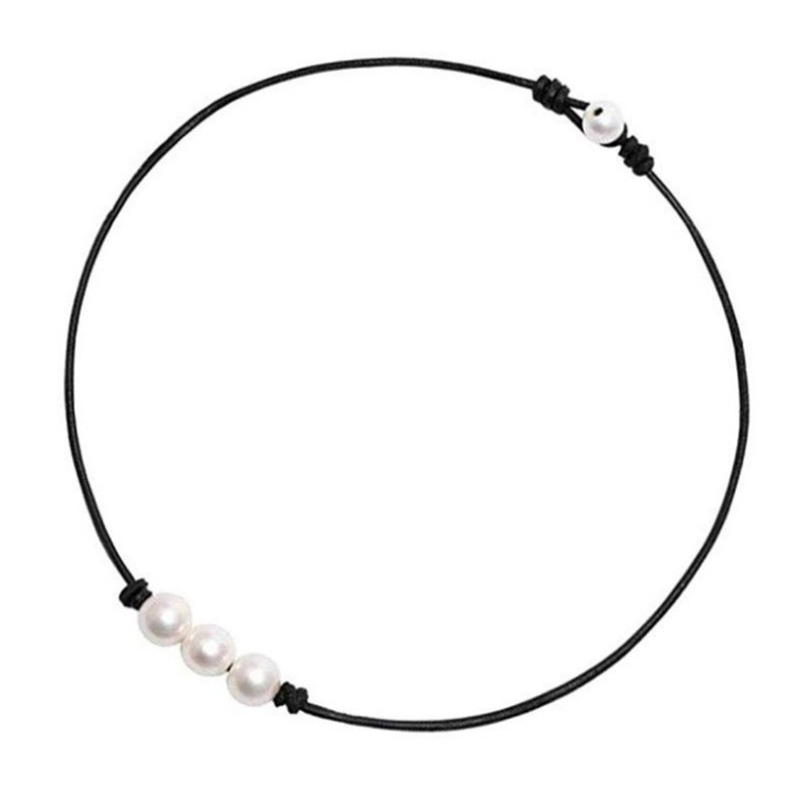 Simple Fashion Leather Rope Woven Three Pearl Necklace display picture 5