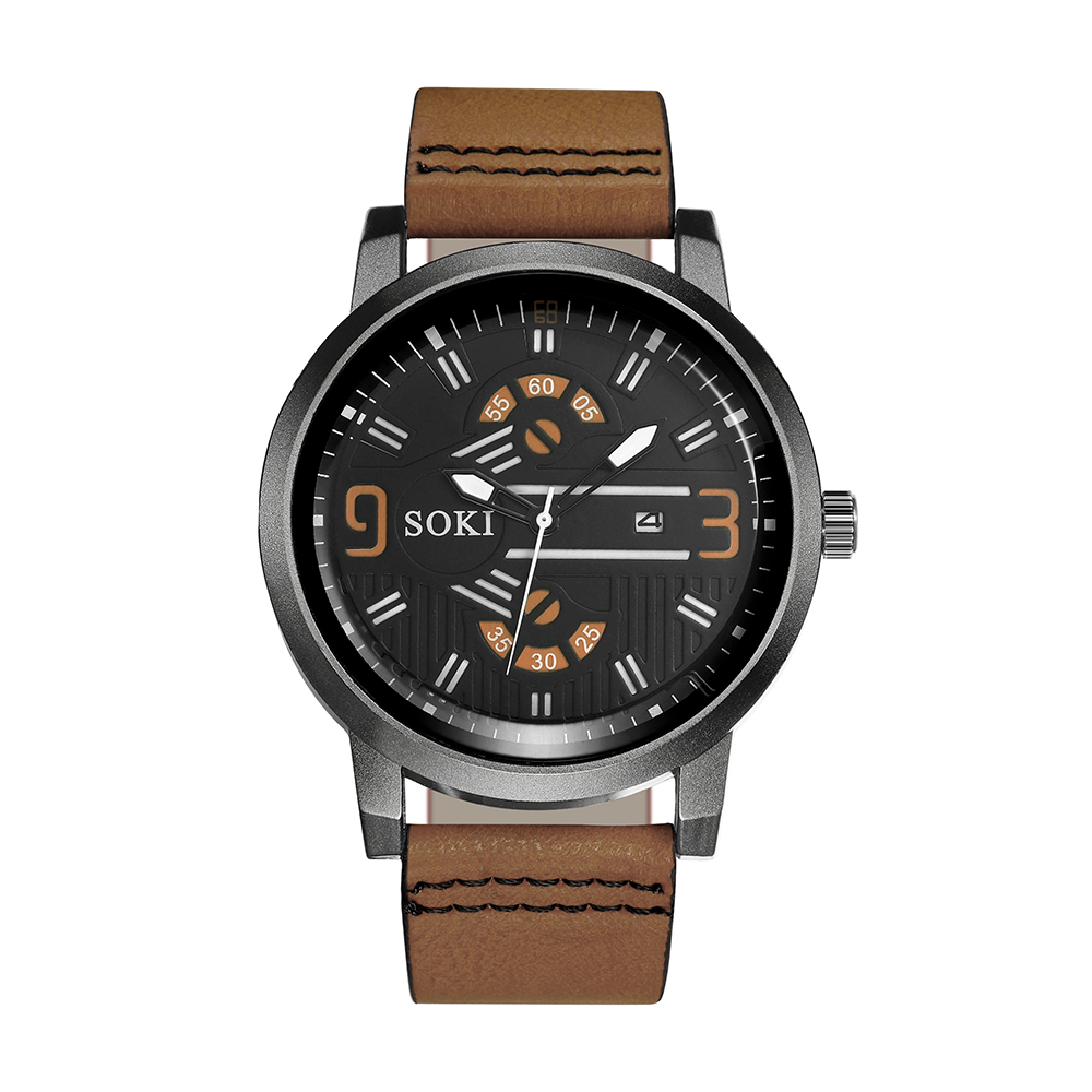 Digital Face Large Dial Calendar Men's Watch Casual Leather Watch Strap Quartz Watch display picture 3