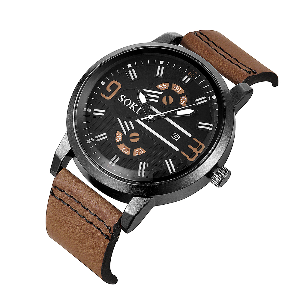 Digital Face Large Dial Calendar Men's Watch Casual Leather Watch Strap Quartz Watch display picture 4