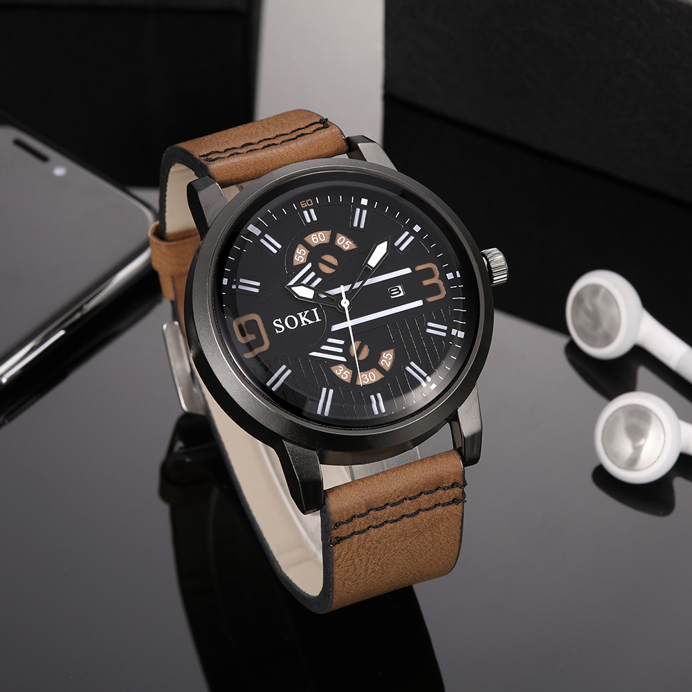 Digital Face Large Dial Calendar Men's Watch Casual Leather Watch Strap Quartz Watch display picture 5