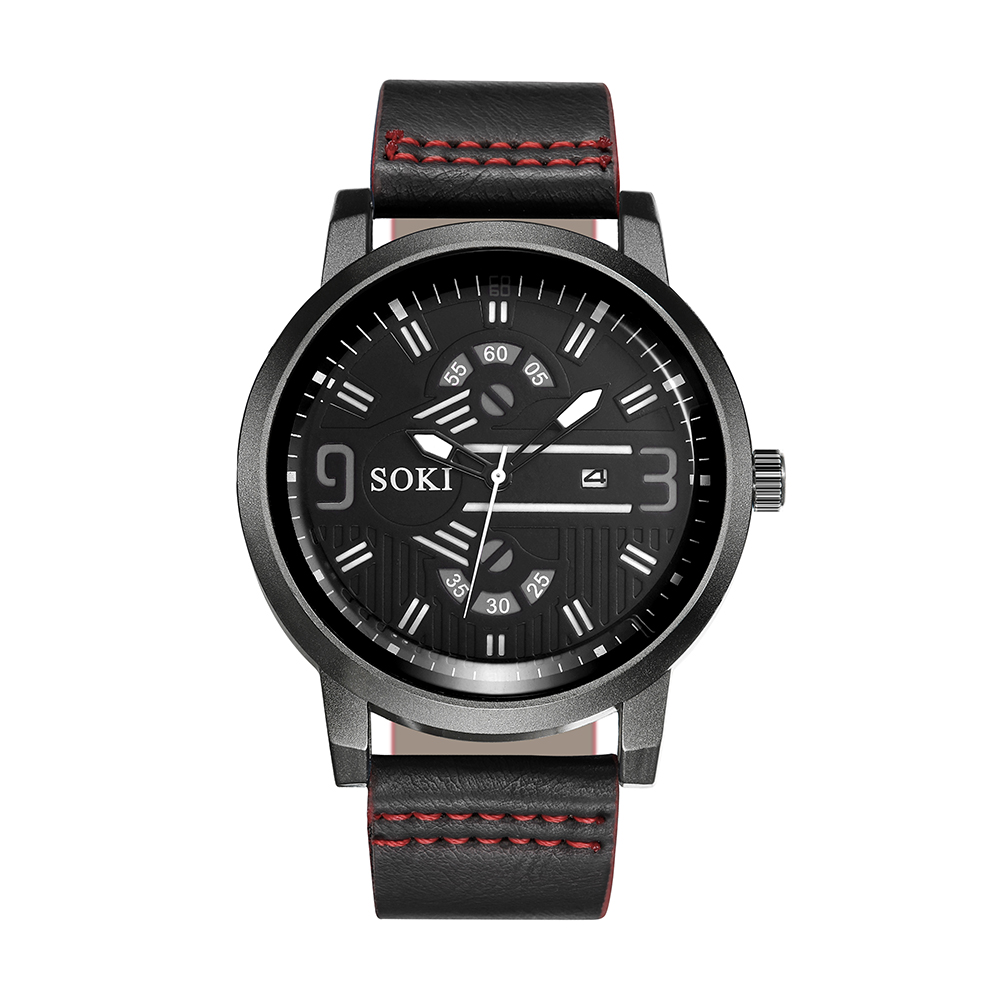Digital Face Large Dial Calendar Men's Watch Casual Leather Watch Strap Quartz Watch display picture 7