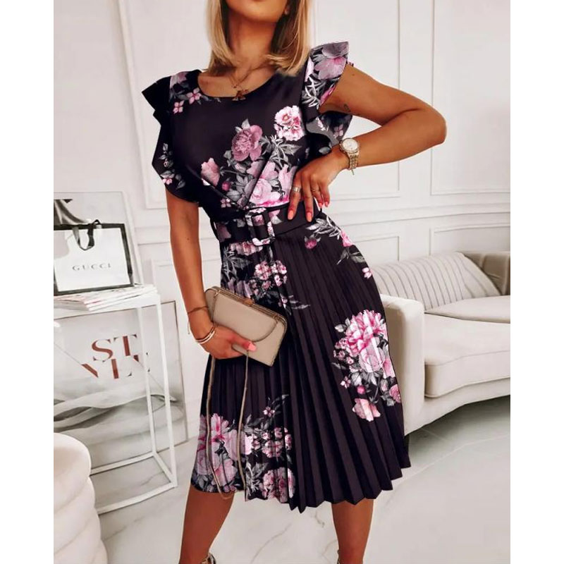 Fashion Summer New Round Neck Fitted Waist Pleated Ruffled Printed Dress display picture 3