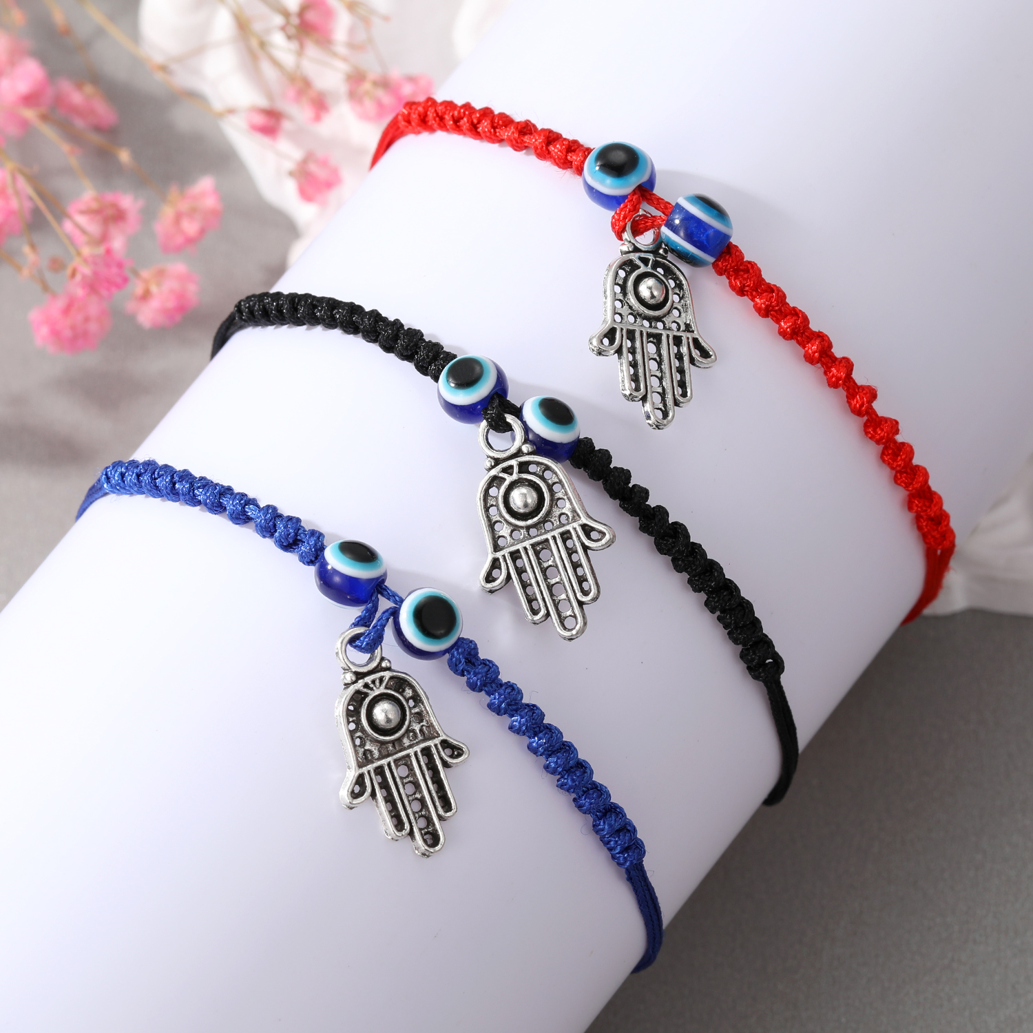 New Retro Style Palm Eyes Pendant Round Beads Hand-woven Adjustable Bracelet display picture 1