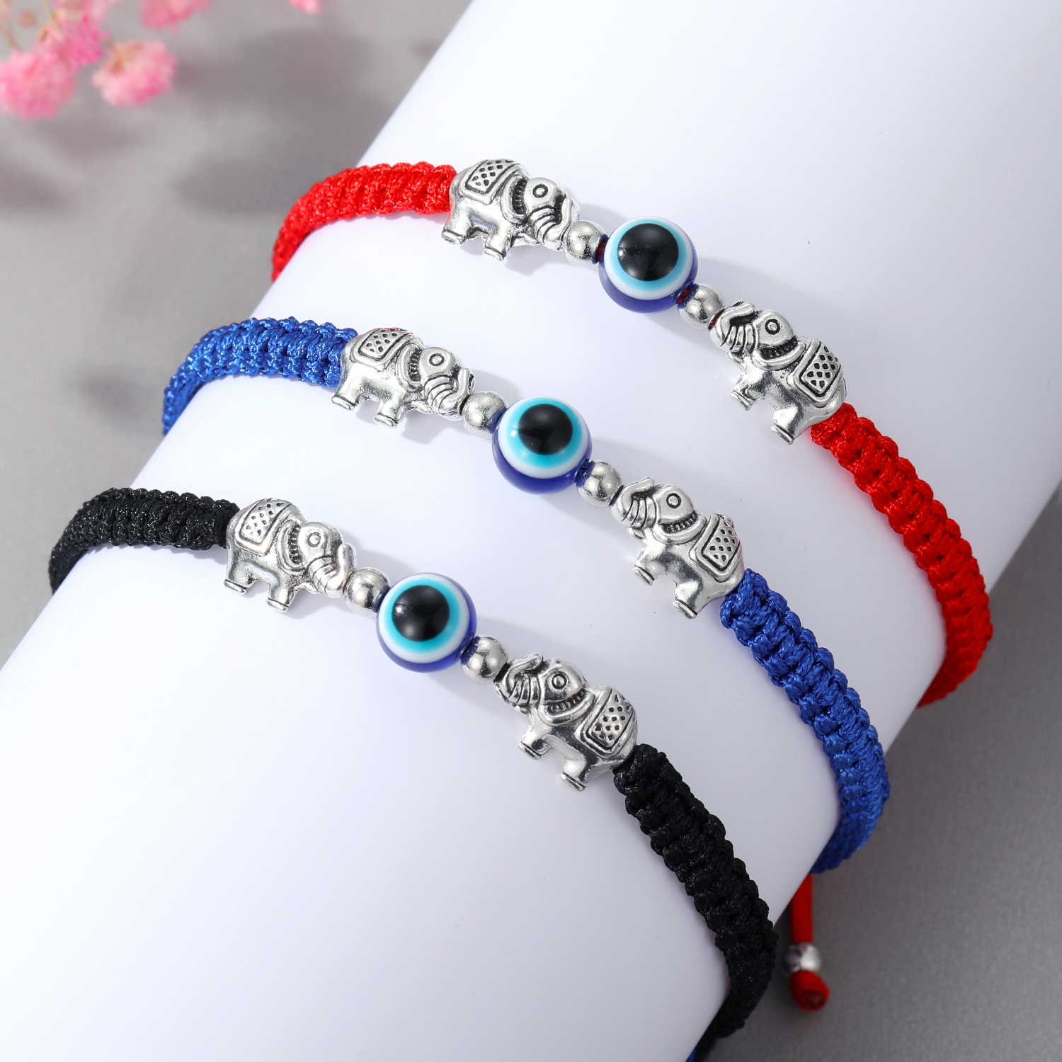 Fashion New Creative Silver Elephant Strap Eyes Round Beads Woven Adjustable Bracelet display picture 1