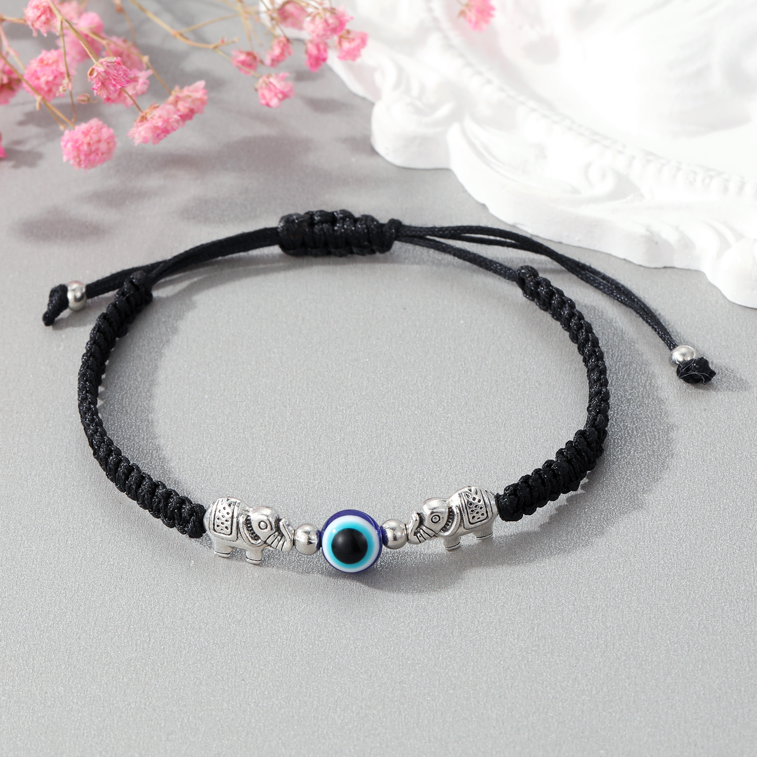 Fashion New Creative Silver Elephant Strap Eyes Round Beads Woven Adjustable Bracelet display picture 3