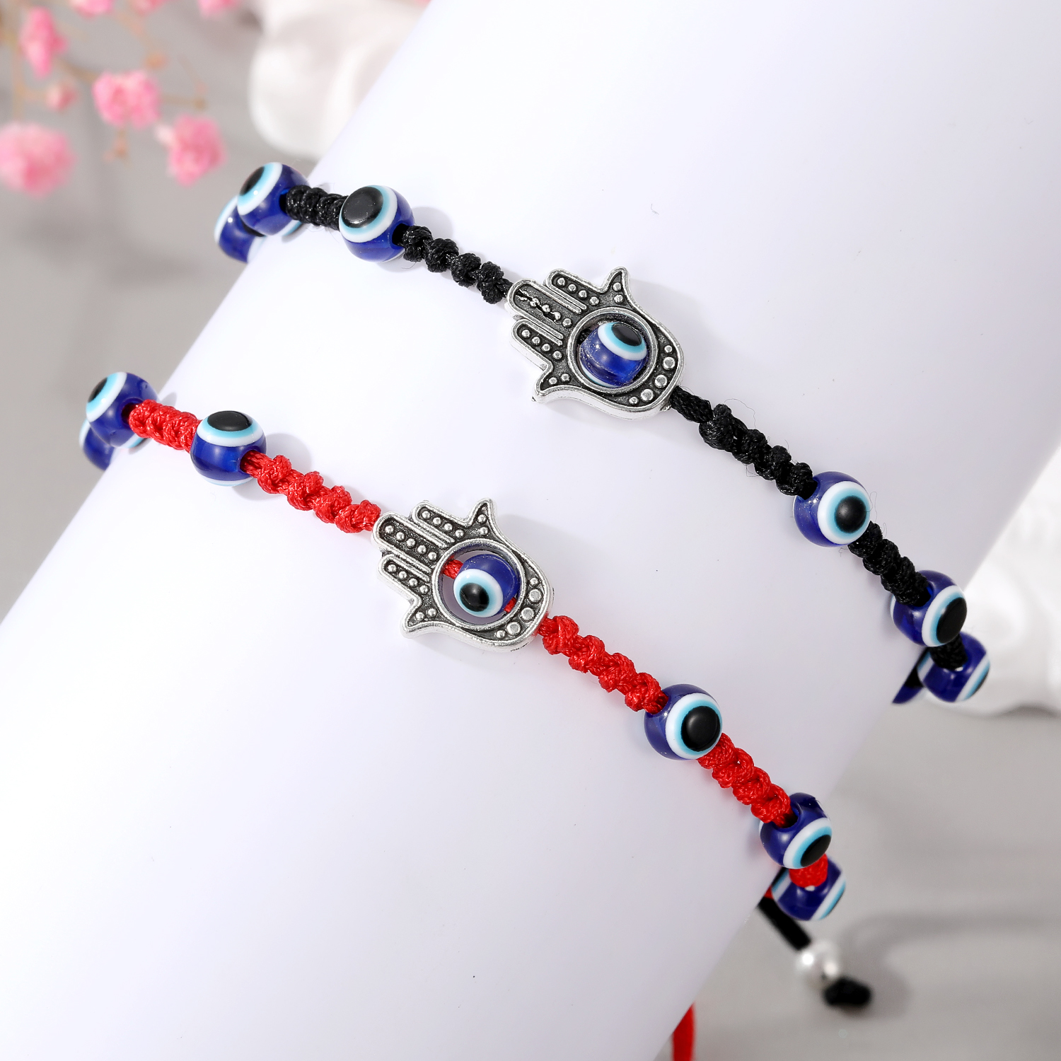 New Vintage Style Palm Blue Eyes Pendant Round Beads Adjustable Bracelet display picture 1