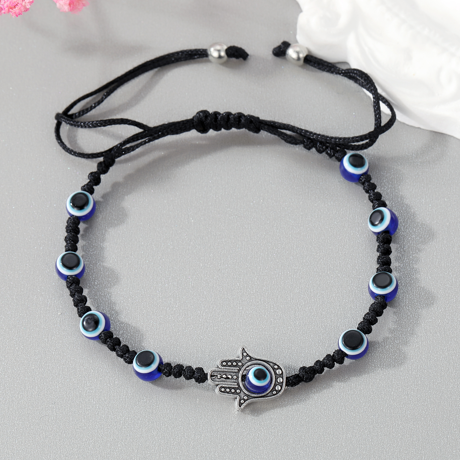 New Vintage Style Palm Blue Eyes Pendant Round Beads Adjustable Bracelet display picture 3