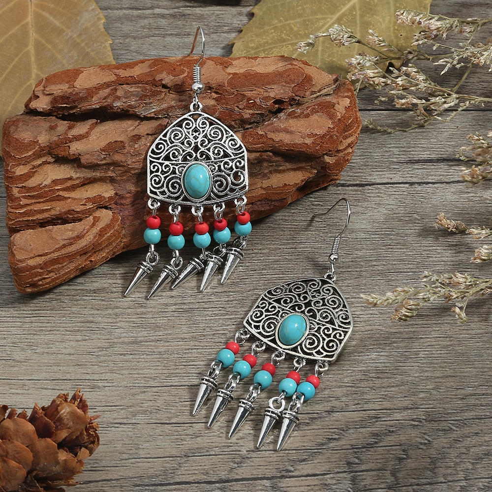 Bohemian Geometric Alloy Inlaid Turquoise Turquoise Earrings 1 Set display picture 2