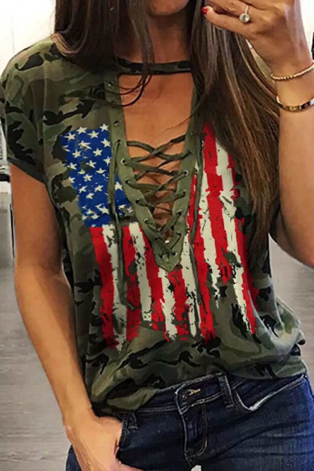 Lace-up Cross V-neck Pullover Short-sleeved Top Women's Loose T-shirt display picture 1