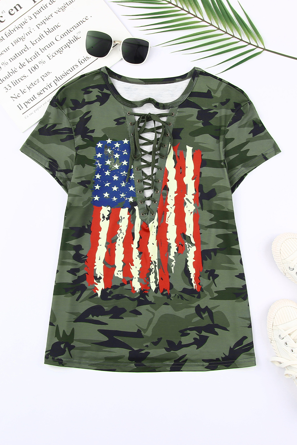Lace-up Cross V-neck Pullover Short-sleeved Top Women's Loose T-shirt display picture 2