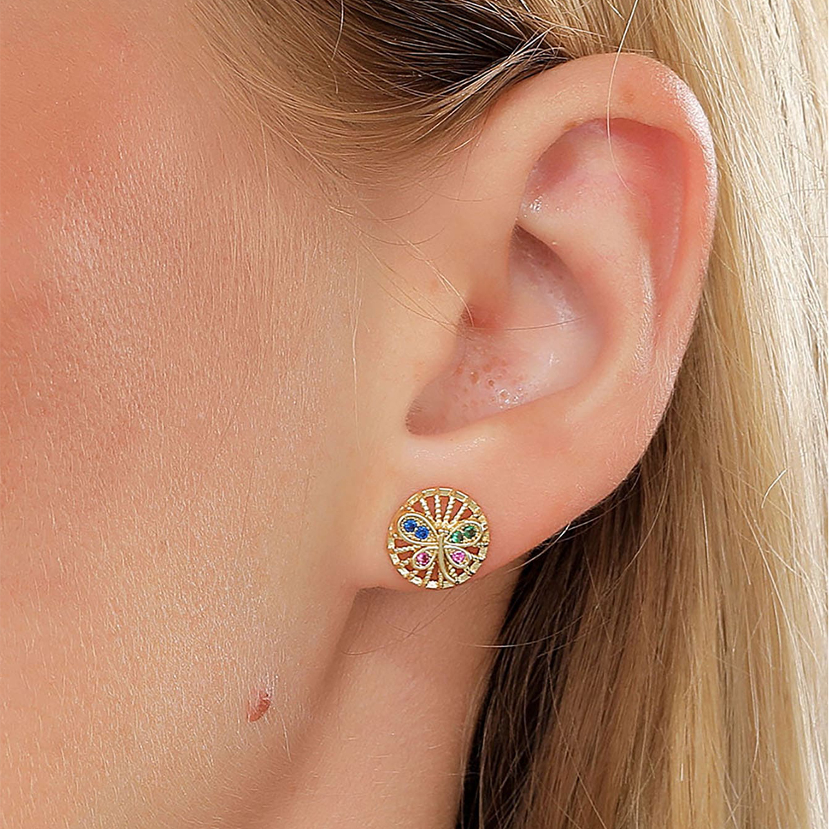Simple Golden Hollow Butterfly Shape Copper Inlaid Colorful Zircon Stud Earrings display picture 1