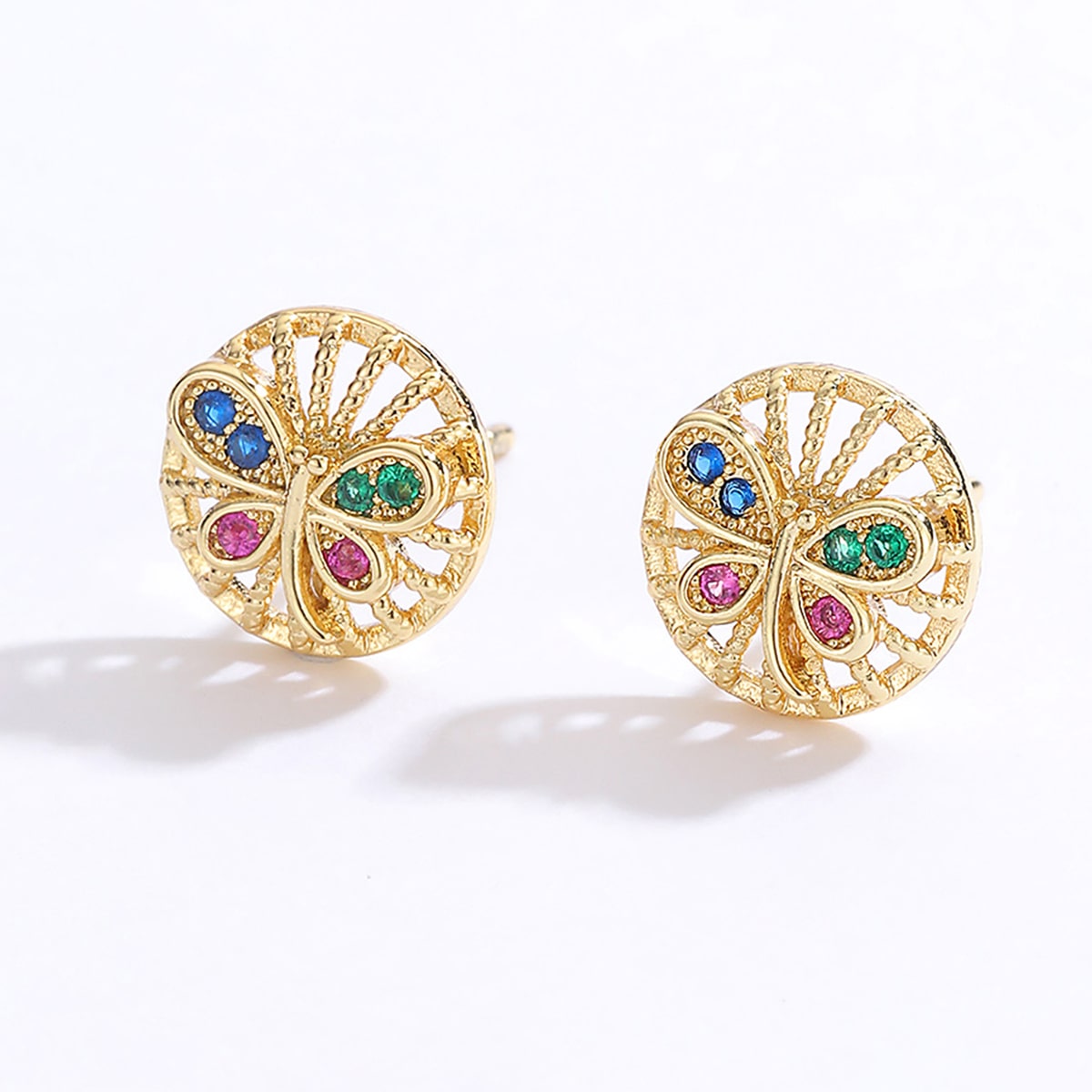 Simple Golden Hollow Butterfly Shape Copper Inlaid Colorful Zircon Stud Earrings display picture 2