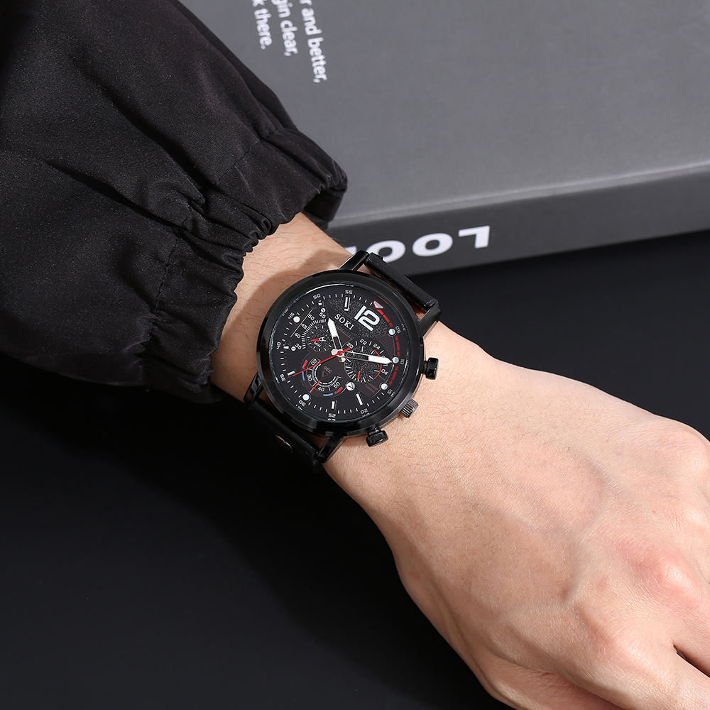 Männer Armband Uhr Set Mode Pu Gurt Kalender Sport Quarzuhr display picture 5