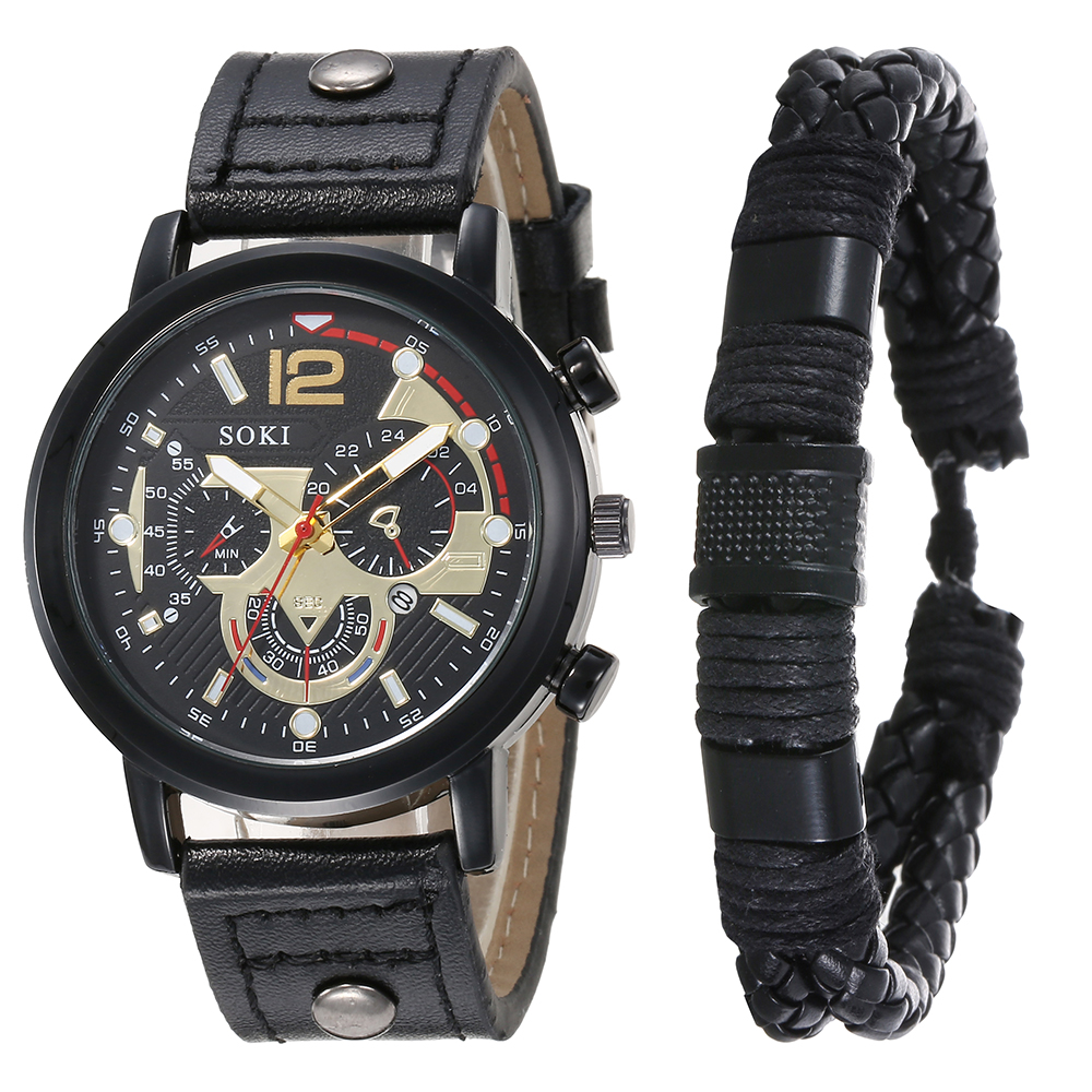 Men's Bracelet Watch Set Fashion Pu Strap Calendar Sports Quartz Watch display picture 6
