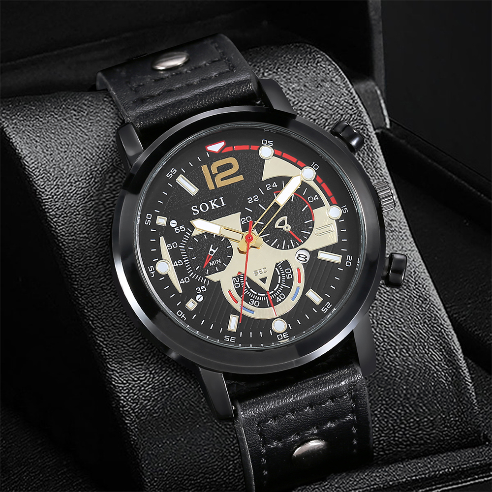 Hommes Bracelet De Montre Ensemble Mode Pu Sangle Calendrier Sport Quartz Montre display picture 8