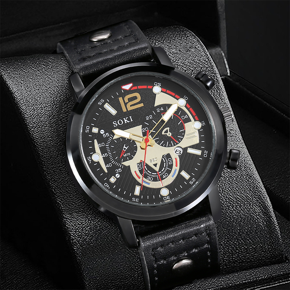 Männer Armband Uhr Set Mode Pu Gurt Kalender Sport Quarzuhr display picture 8