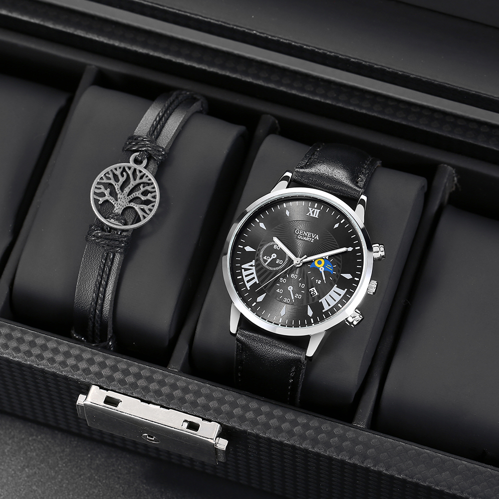 Men's Watch Fashion Casual Pu Strap Sports Quartz Watch Set With Calendar display picture 1