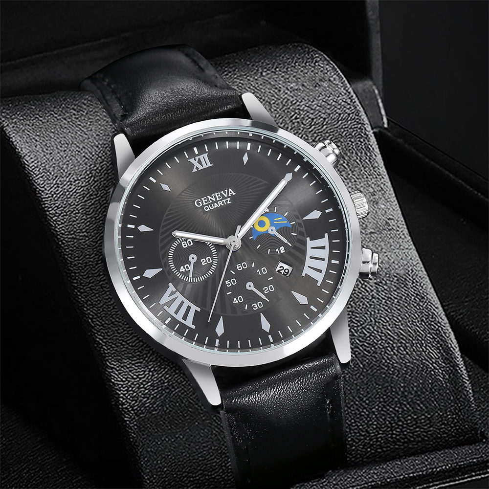 Men's Watch Fashion Casual Pu Strap Sports Quartz Watch Set With Calendar display picture 4