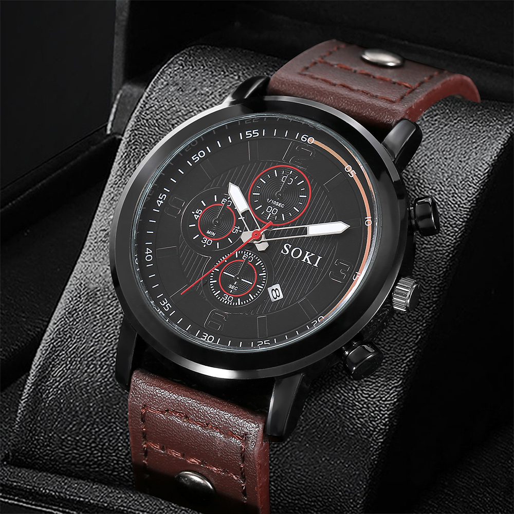 Men's Leather Rope Watch Calendar Sports Quartz Watch Bracelet Set display picture 2