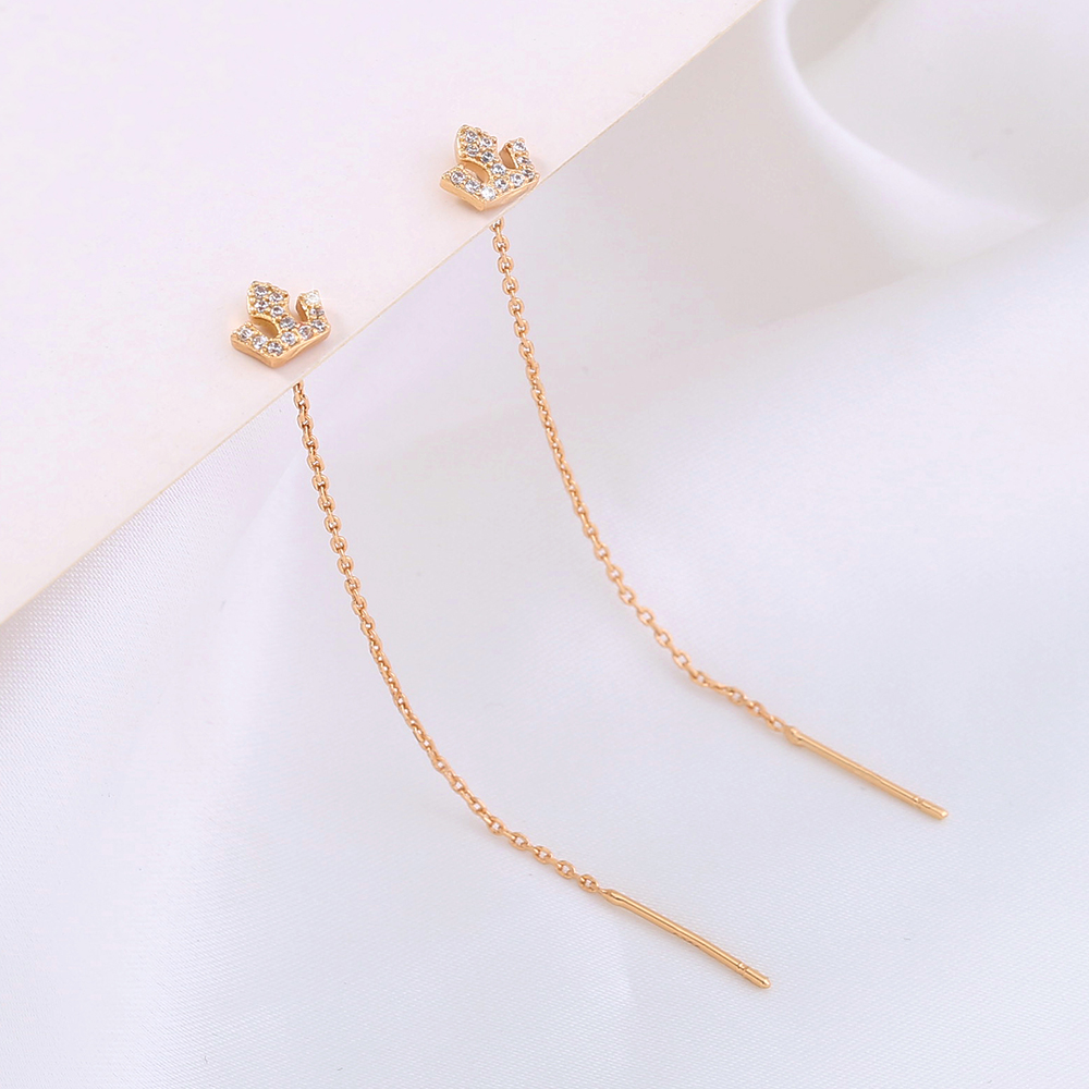 Fashion Women's New Golden Inlaid Zircon Crown Long Tassel Drop Copper Earrings display picture 2