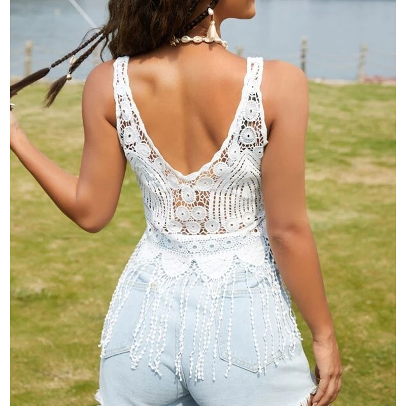 Summer Fashion Sexy Lace Cutout Tassel Suspender Women Blouse display picture 3