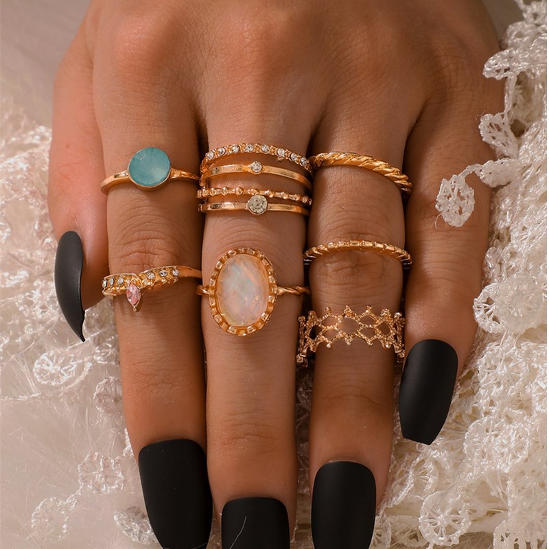 New Bohemian Style Hollow Geometric Gem Alloy Ring 7-piece Set display picture 2