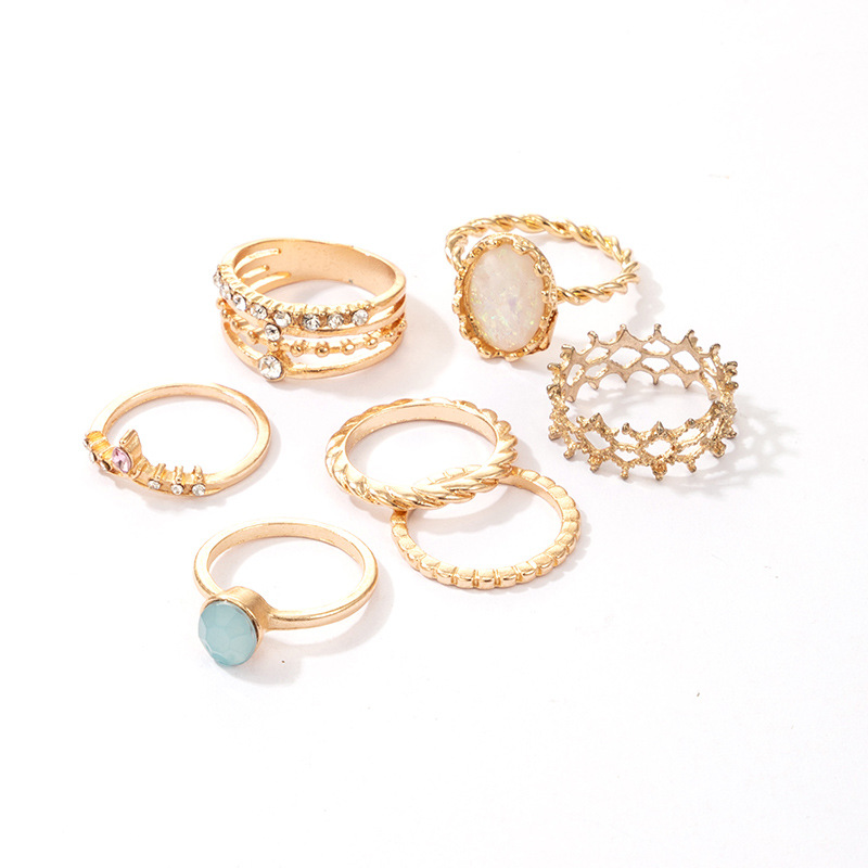 New Bohemian Style Hollow Geometric Gem Alloy Ring 7-piece Set display picture 4