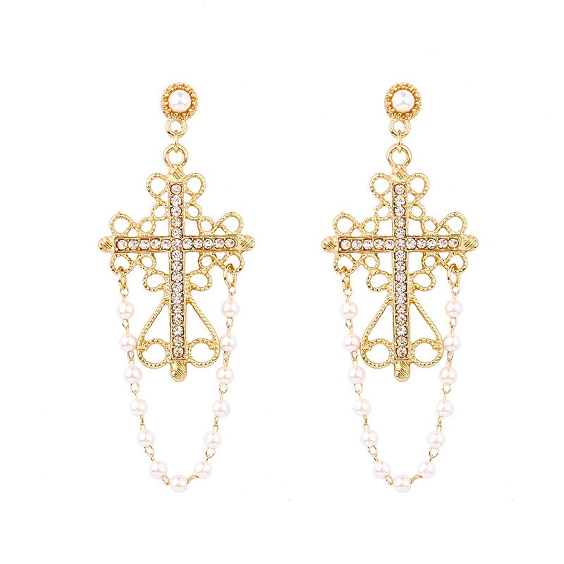 Fashion Vintage Diamond Cross Carved Tassel Alloy Earrings Pearl display picture 3