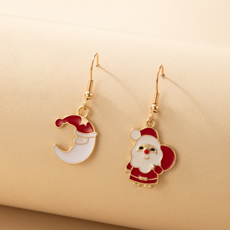 New Santa Claus Dripping Oil Asymmetric Christmas Tree Cartoon Earrings display picture 2