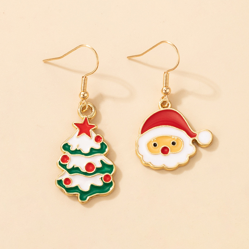New Santa Claus Dripping Oil Asymmetric Christmas Tree Cartoon Earrings display picture 3