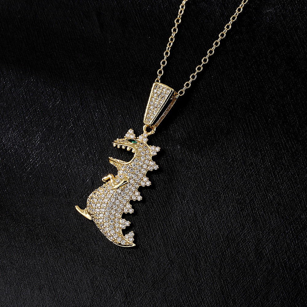Fashion 18k Gold Zircon Dinosaur Shaped Leopard Head Dragonfly Pendant Necklace display picture 1