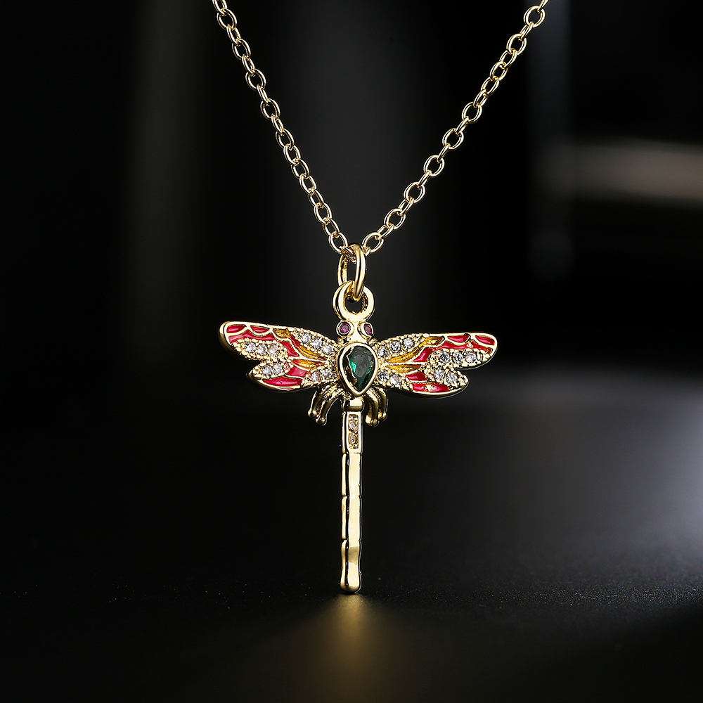 Fashion 18k Gold Zircon Dinosaur Shaped Leopard Head Dragonfly Pendant Necklace display picture 3